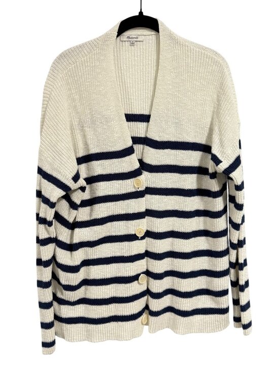 Madewell V-Neck Button-Front Long Blue White Stripe Cardigan Sweater Size M - Picture 1 of 7